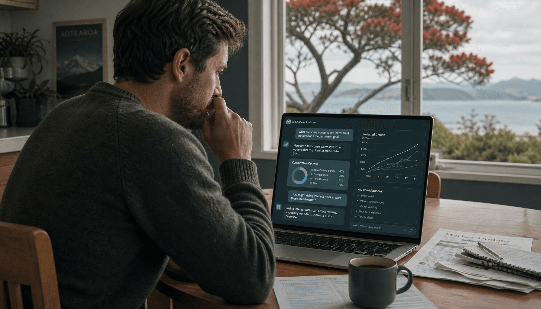 A New Zealand consumer at a kitchen table using a laptop with an AI chat interface open, pohutukawa tree visible through the window, illustrating the use of AI tools for personal financial guidance
