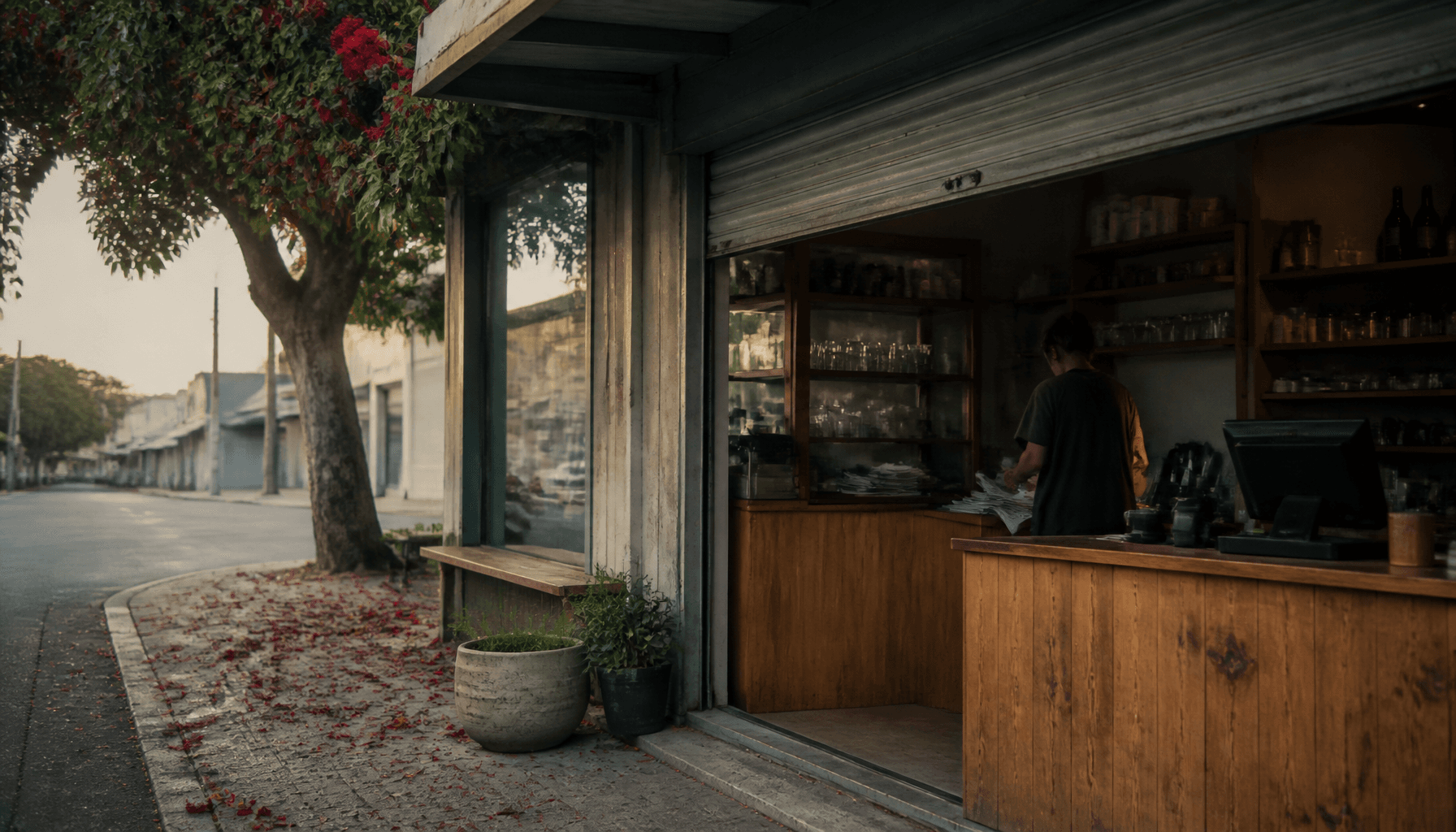 Quiet New Zealand shopfront in early January with an employee reviewing paperwork near the till