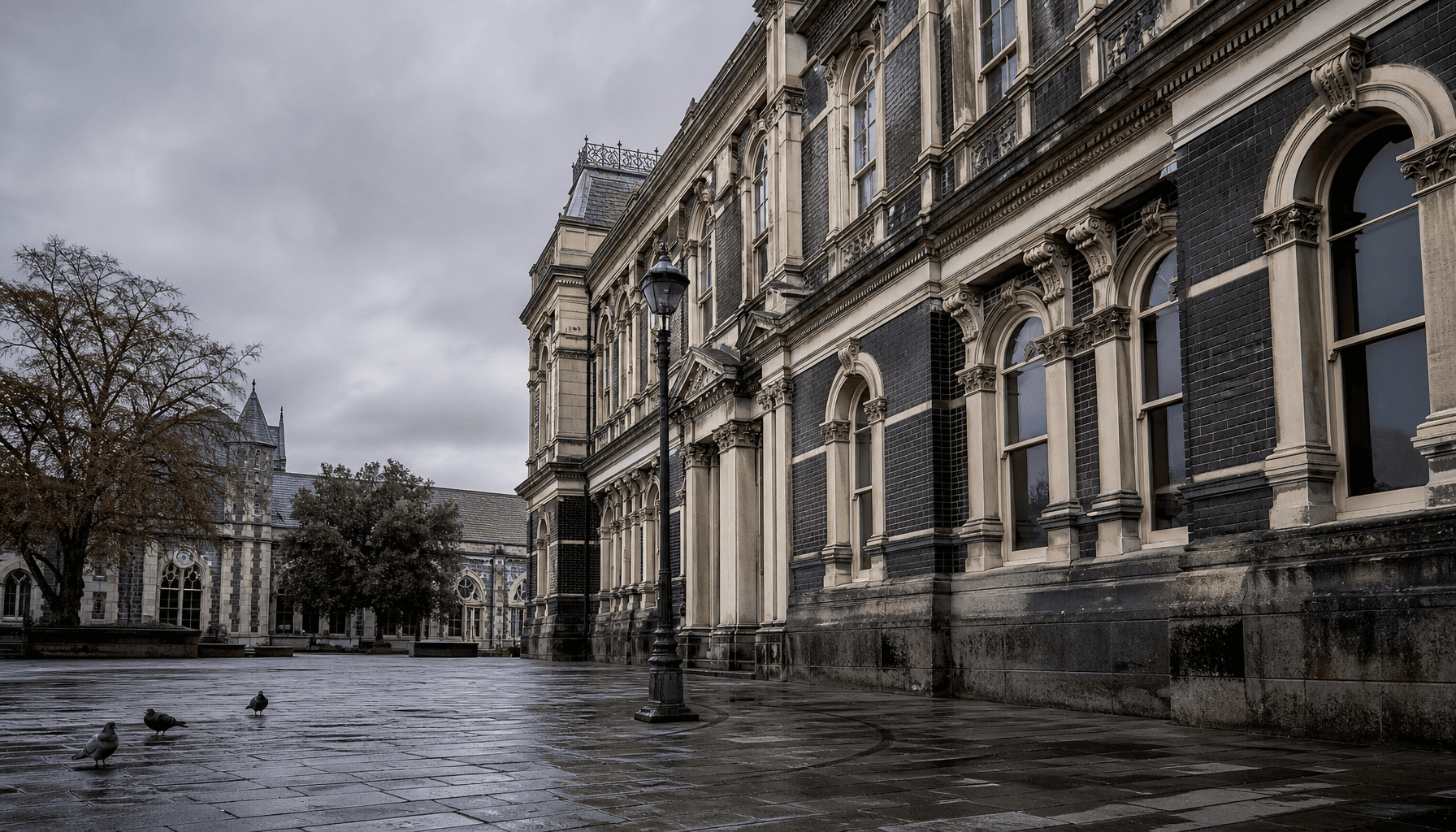 Historic Canterbury commercial stone building, empty courtyard, overcast daylight