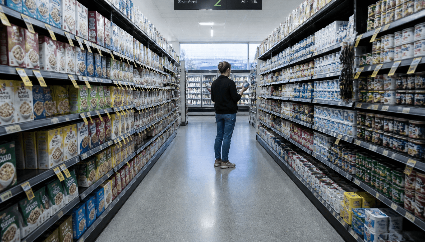 Shopper comparing grocery prices in a New Zealand supermarket aisle