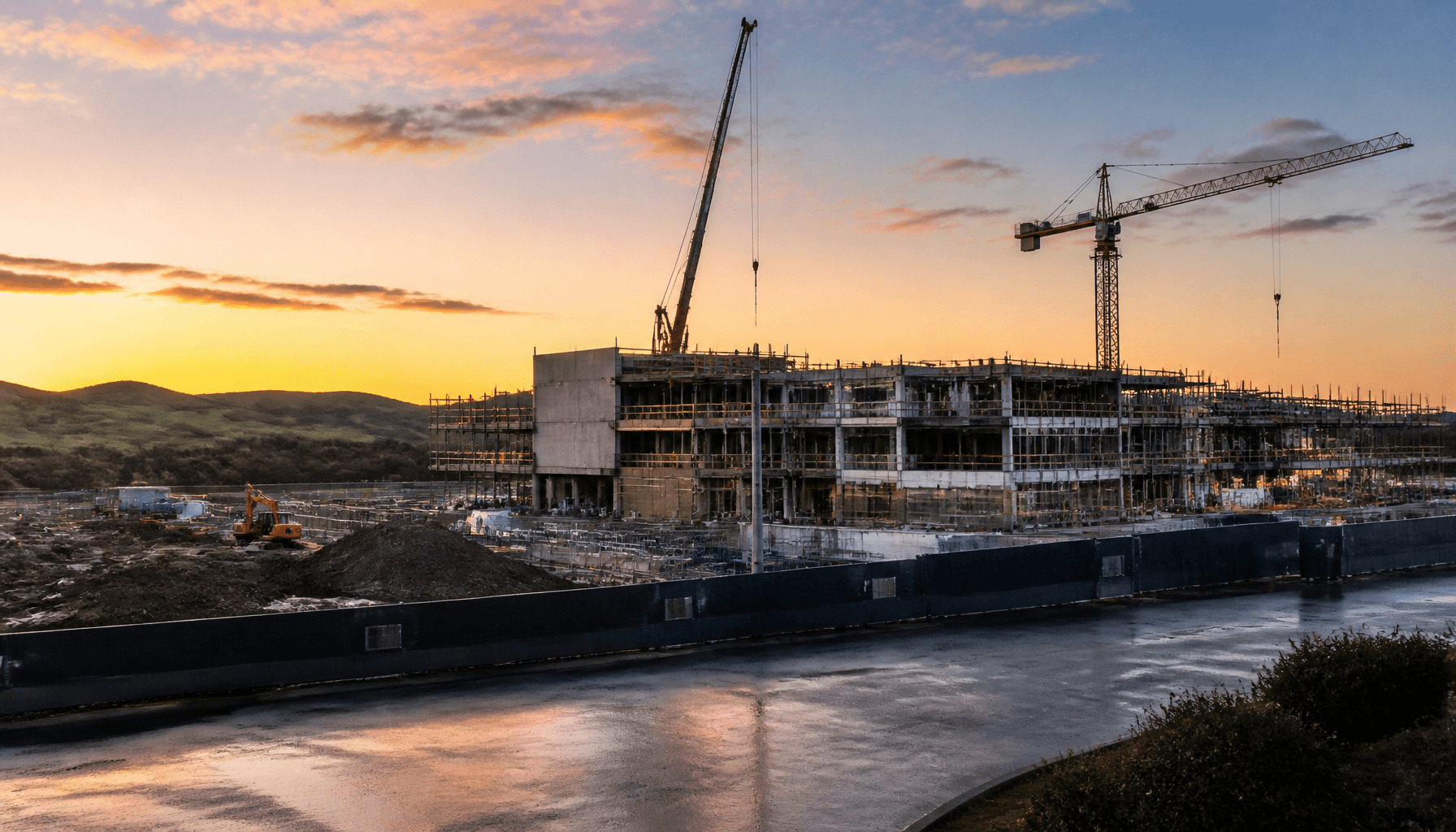 Dawn construction site at Whangārei Hospital with cranes and a rising clinical tower against Northland hills