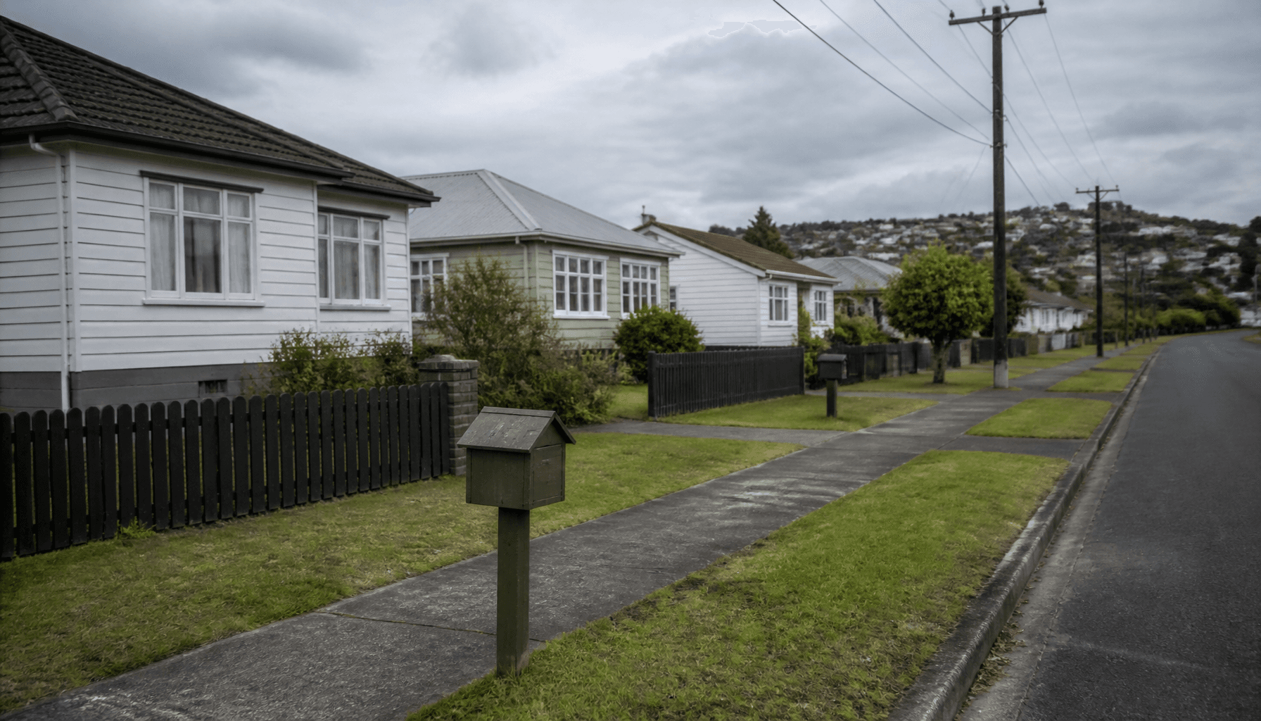 Quiet Auckland suburban street of modest houses under grey sky