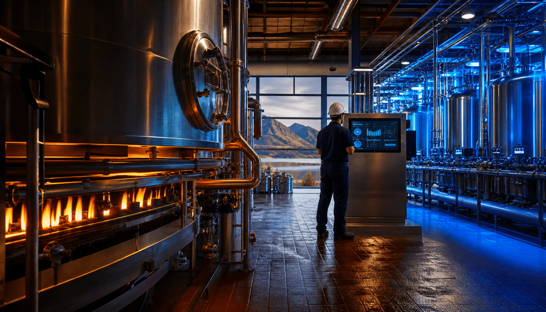 Interior of a New Zealand industrial food processing facility with process-heat pipework and a technician reviewing an energy efficiency panel, illustrating the gas transition challenge facing businesses