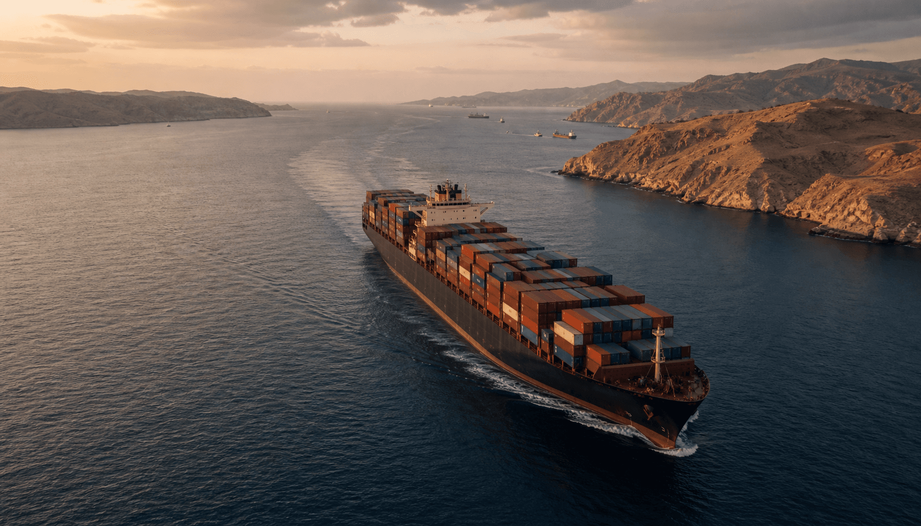 A laden container ship navigating a narrow maritime strait at dusk, evoking global shipping chokepoint disruption