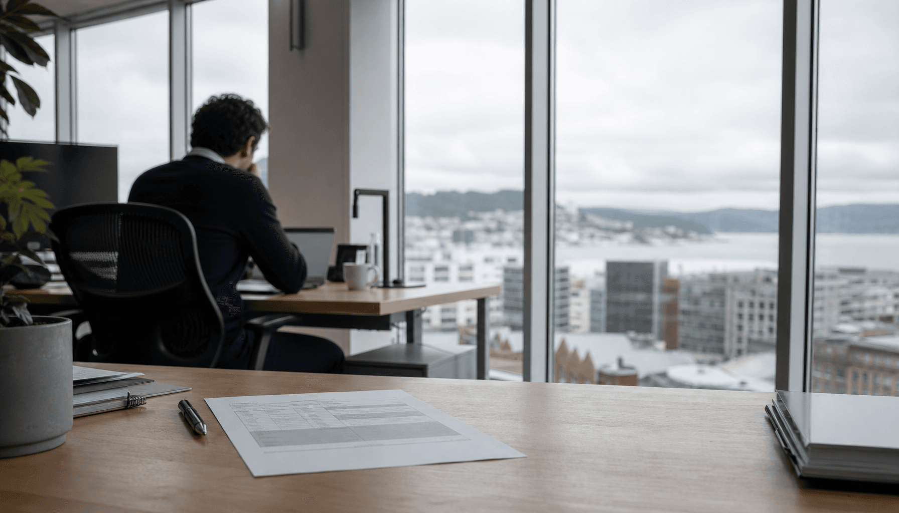 Office worker at a Wellington CBD desk with a payslip document in soft morning light