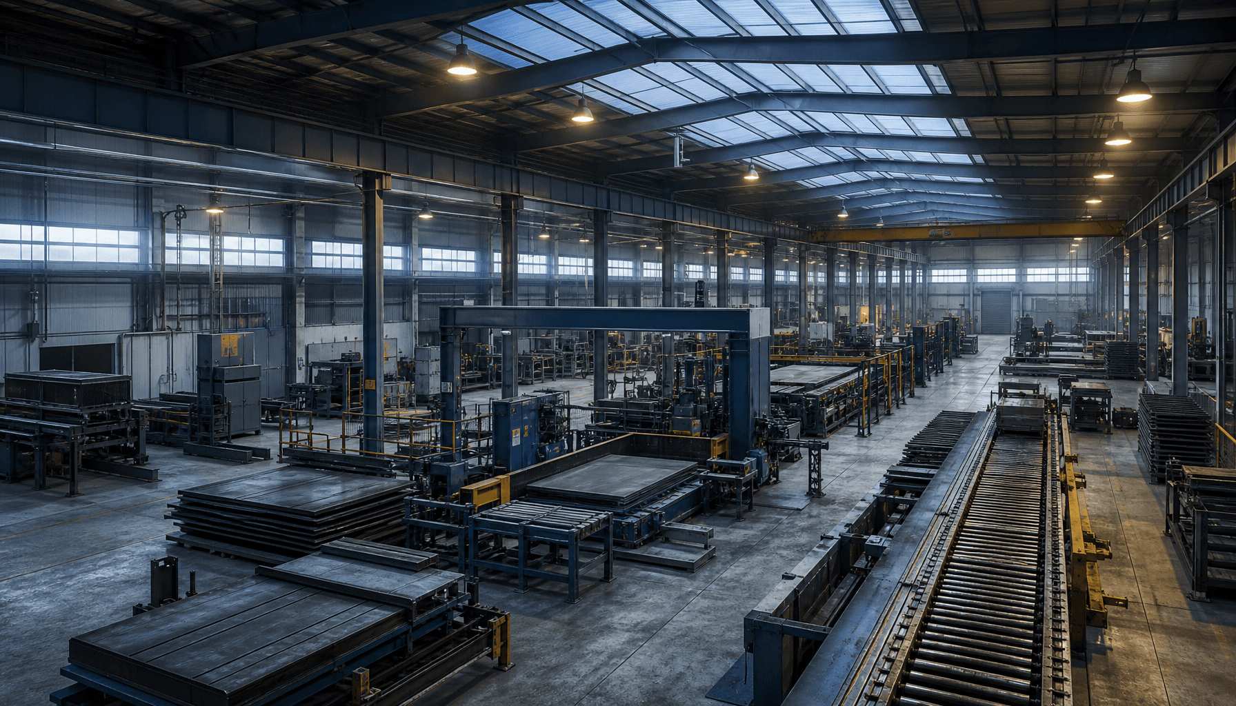 Interior of a New Zealand manufacturing facility with idle conveyor belts and machinery under warehouse skylights, suggesting a slowdown in industrial production