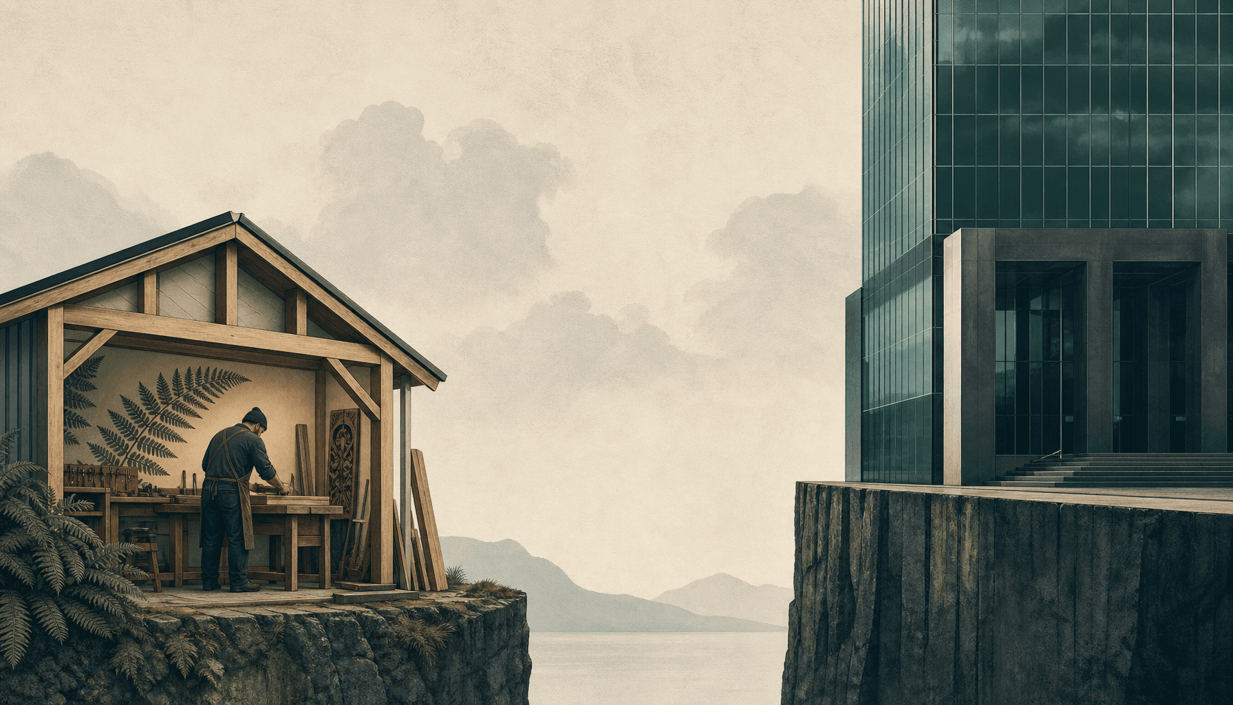 AI illustration of a New Zealand small business separated from a bank building by a wide gap, representing the SME lending shortfall identified by the OECD