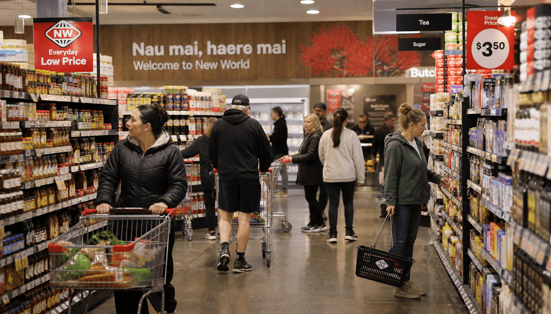 Shoppers browsing a well-stocked New Zealand supermarket aisle, illustrating the retail trade activity recorded in the March 2026 quarter