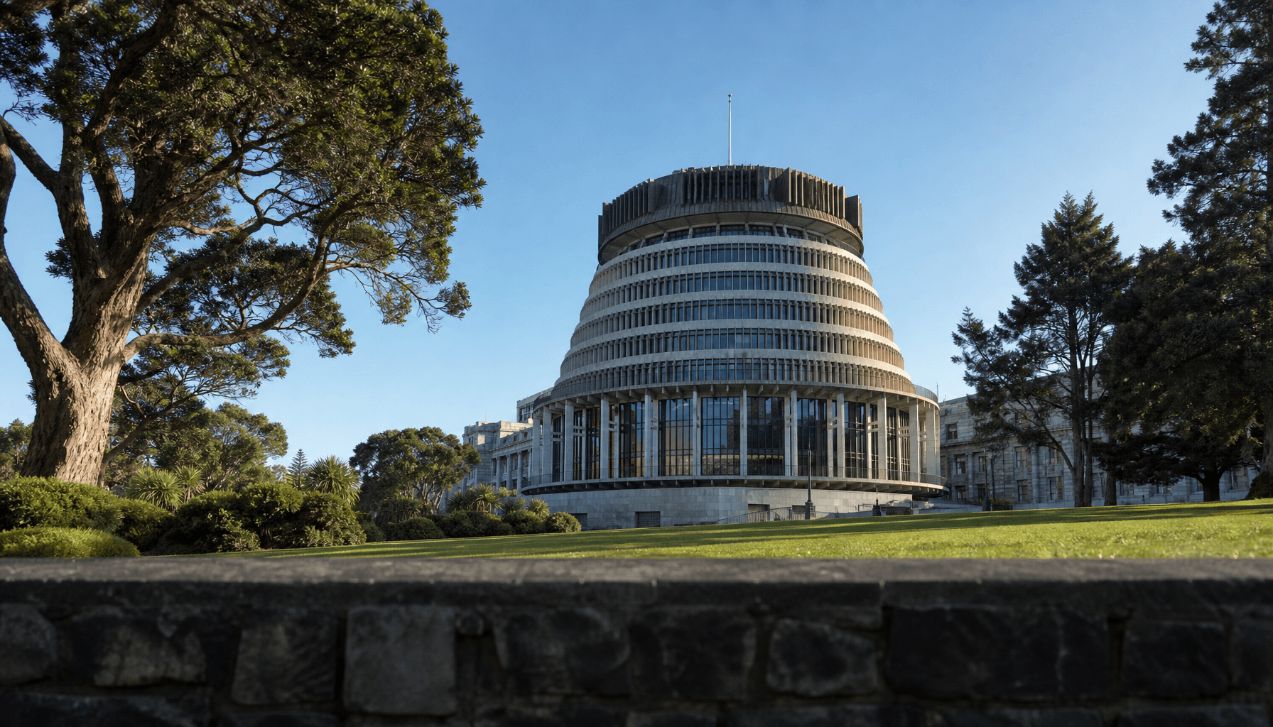 Exterior view of the New Zealand Parliament Beehive building in Wellington under clear morning light